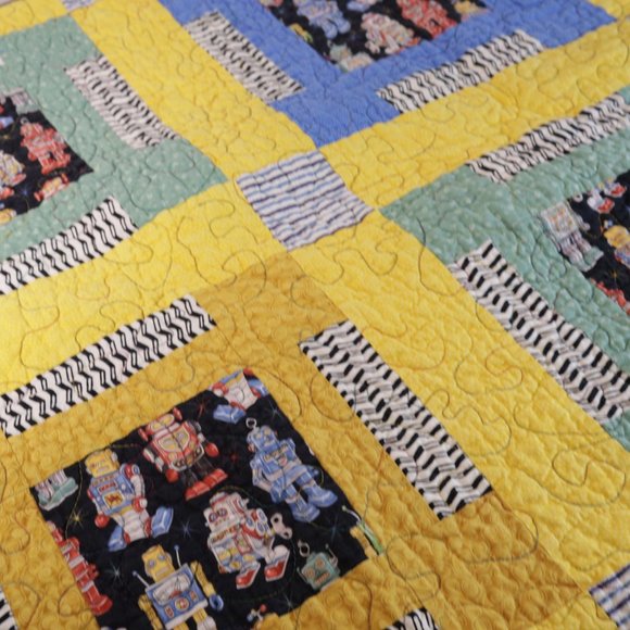 Vintage Antique Hand Made Robot Quilt Blanket 5x6 - Picture 4 of 13